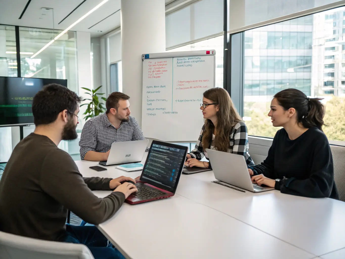 A diverse team of software developers collaborating around a table, reviewing code on a large monitor, with sticky notes and diagrams illustrating the software architecture on the surrounding walls, symbolizing the planning phase of Contech 3D Limited's software development process.