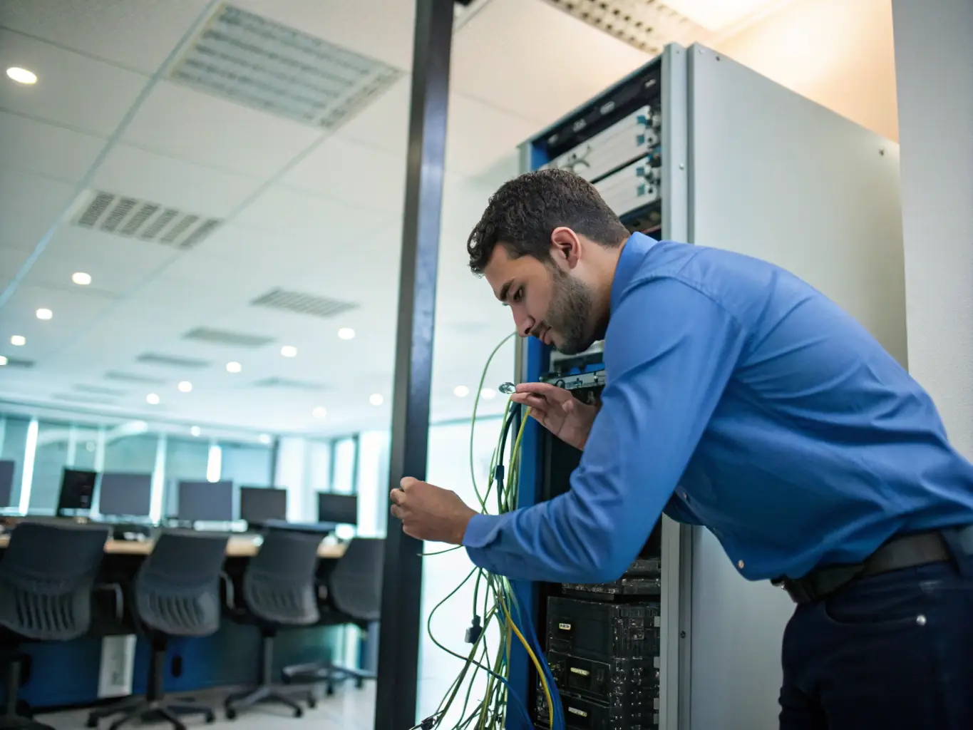 A technician setting up a small business's network and computer systems, illustrating technology setup services.