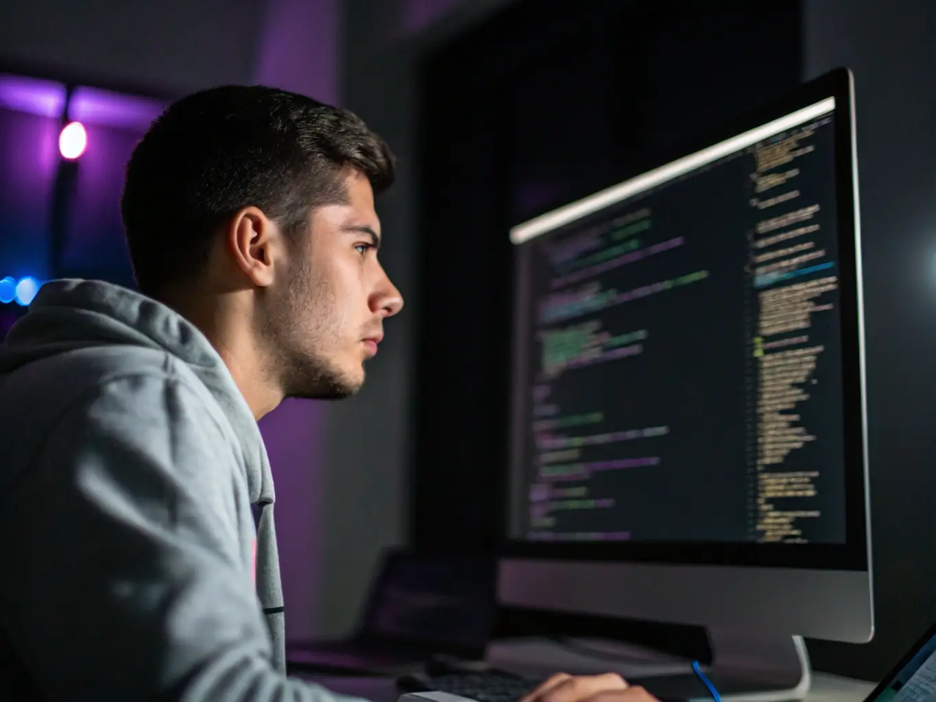 A software developer intensely focused on writing code at their workstation, with multiple monitors displaying lines of code and development tools, representing the development phase at Contech 3D Limited.